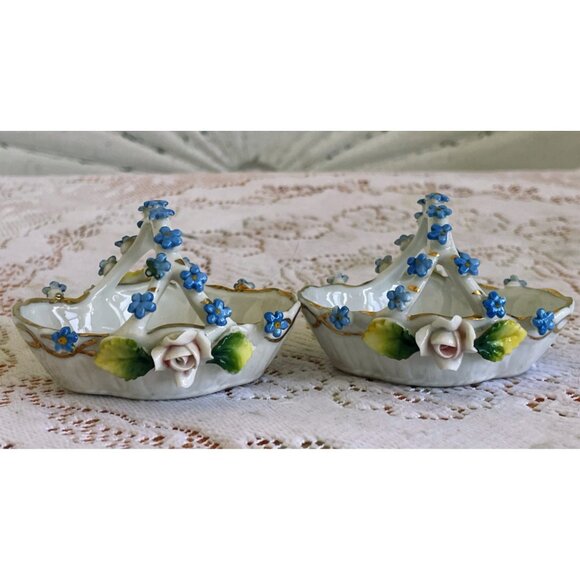 Antique 2 Porcelain Rose & Forget Me Nots Trinket Basket Elfinware Floral German - Picture 14 of 15